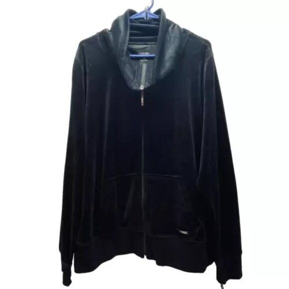 Calvin Klein Women's Full Zip 3X Black Velour Track Jacket Scuba Neck $68 MSRP - Picture 1 of 15